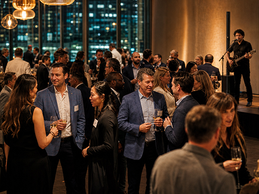 Upscale corporate networking reception with live acoustic music